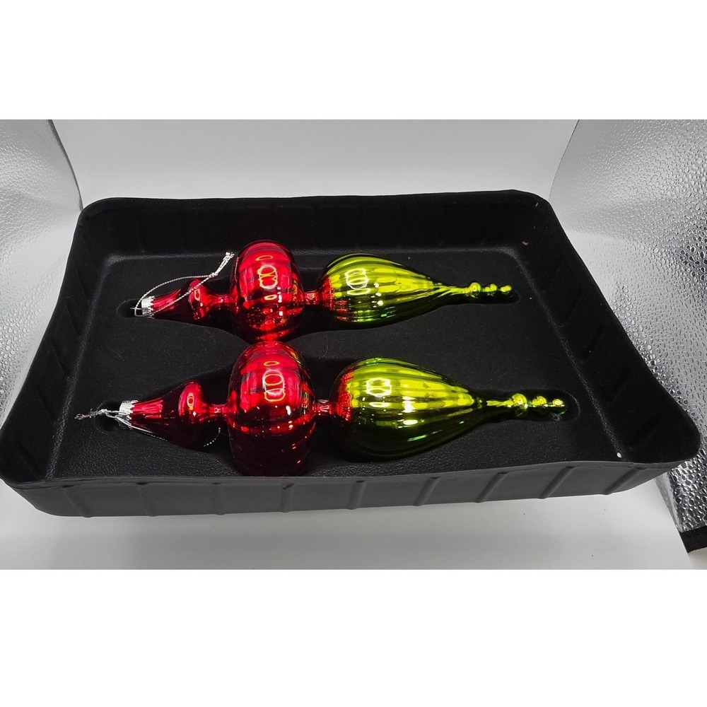 2 Dillards Trimmings Red Green Glass Finial Christmas Ornaments Vintage style